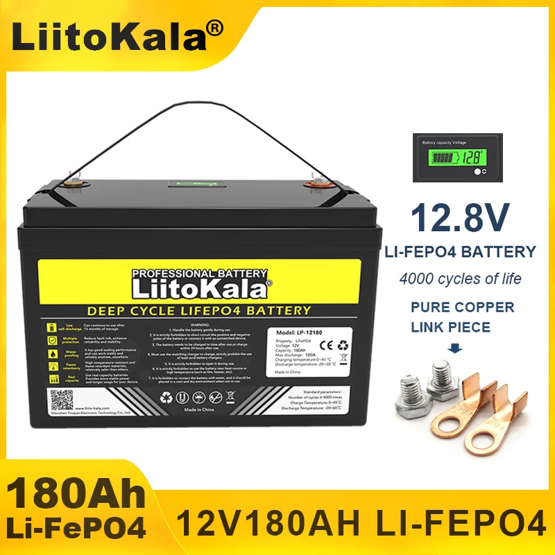 12.8V 180AH LiFePO4 Battery 12V 4000 Cycles USB3.0 Type-C output Touring car Solar Wind Liitokala Energy storage batteries