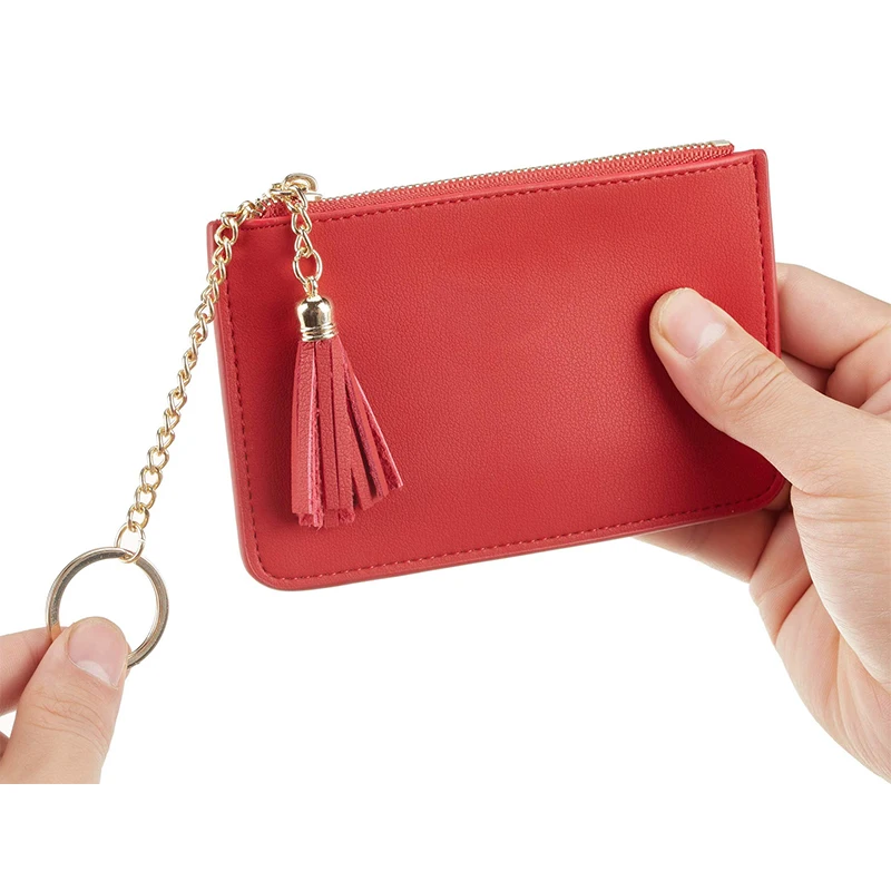Coin Purse Change Wallet Pouch Leather Card Holder with Key Chain Tassel Zip