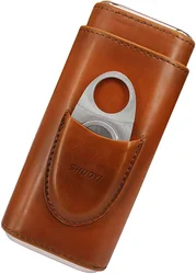 Luxury travel 3- finger brown leather cigar case Manufacturer custom wholesale cigar tube accessories with cigar cutter