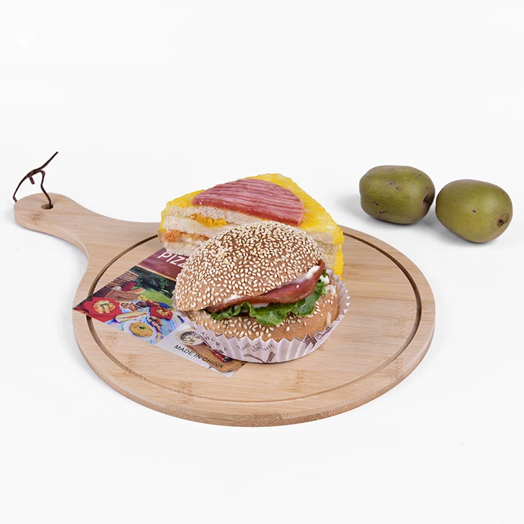 
Eco-Friendly Bamboo Round Pizza Steak Fruit Chopping Board Plate Multi-Use Cutting Board Steak Pizza Plate With Handle 