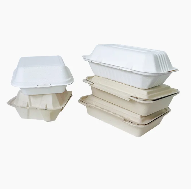 Disposable clamshell food containers compostable sugarcane bagasse lunch box plate dish oval round white & brown