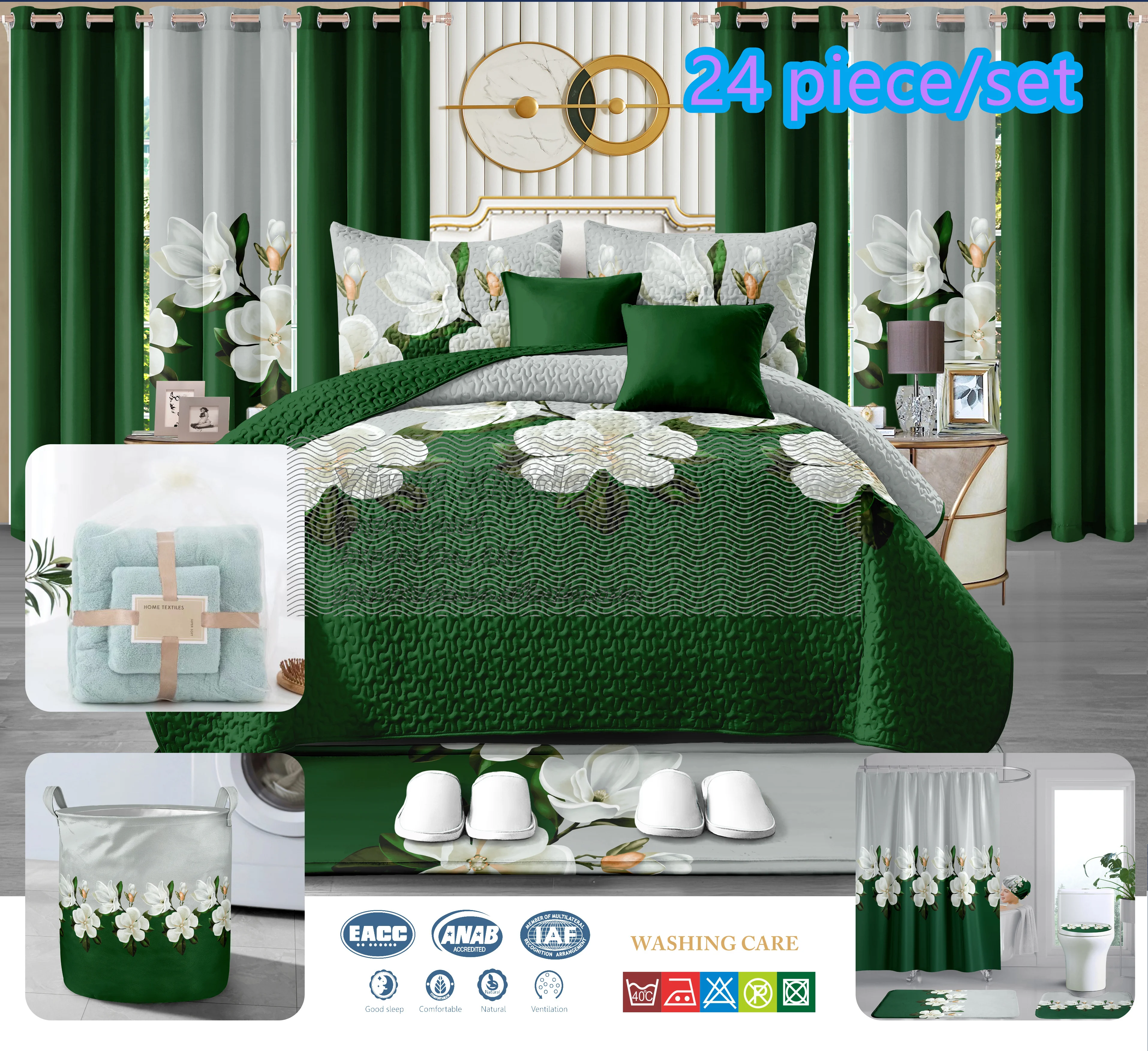 Ready to ship 24pcs bedspread set with matching curtains bathroom sets luxury quilted sheet king size 100% polyester coverlet