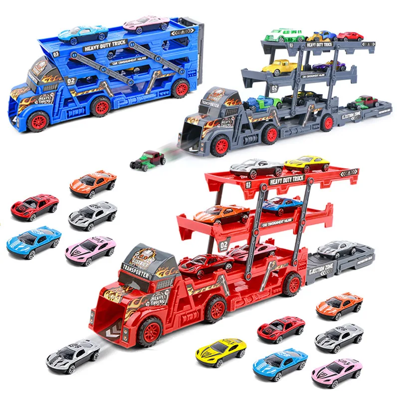 Hot Sale Large Ejection Mini Slide Alloy Container  Engineering Car Multi-Layer Can Receive Blue Racing Car With 6pcs car