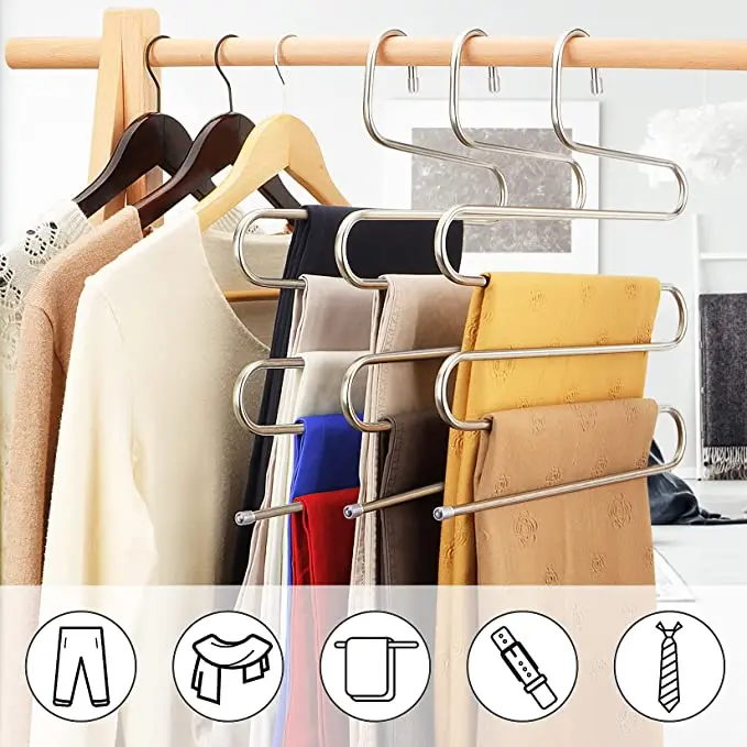 Space Saving Stainless Steel  5 Layers S Type  Closet Storage Organizer for Pants Jeans Scarf Towels Hanging Hanger Pants Metal
