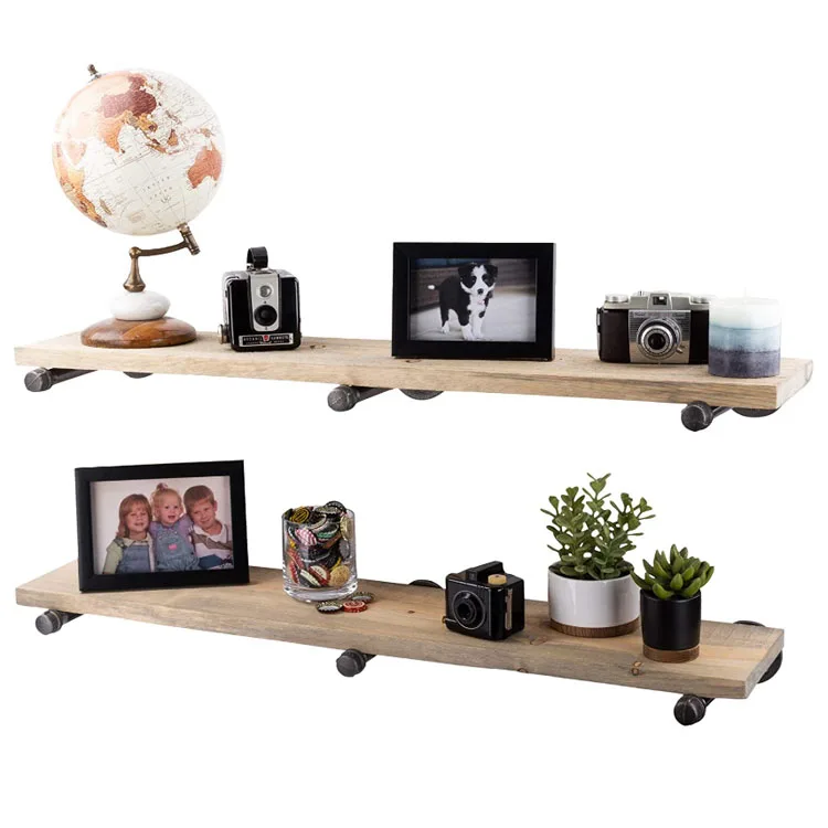 
Modern design style rectangle industrial pipe floating shelves wooden book shelf set of 2 