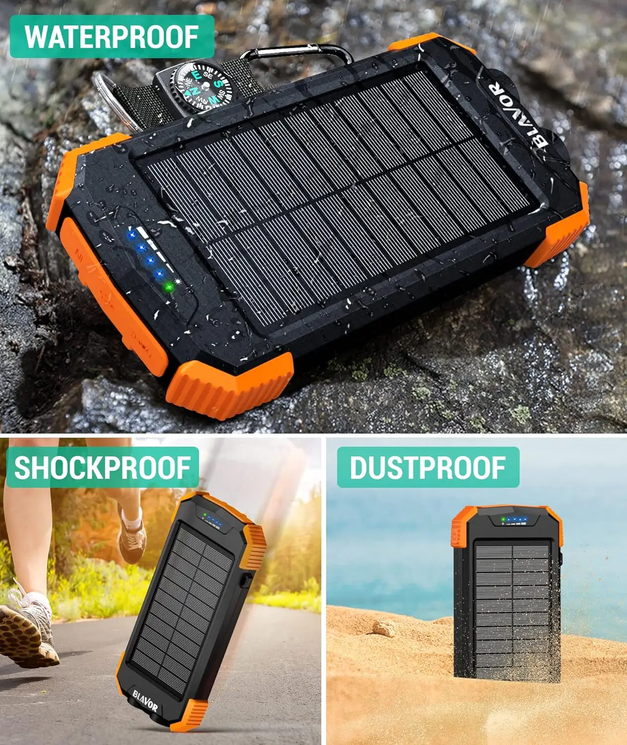 Camping Solar Charger Power Bank 10,000mAh Portable Wireless Charger Outdoor Travel Waterproof Flashlight