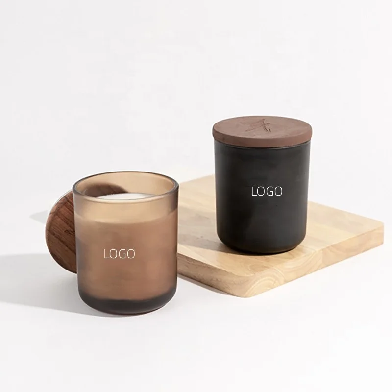 Wholesale 8oz unique round luxury empty glass candle jar with wooden cover