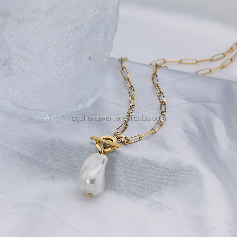 Zhongwen Fashion 18k Gold Plated Tarnish Free 316L Stainless Steel Big Fresh Water Pearl Necklace With OT Clasp