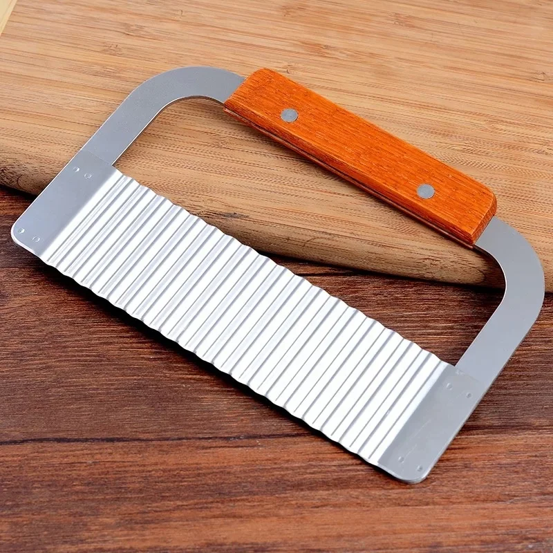 French Fry Slicer Stainless Steel Blade Wooden Handle Vegetable Salad Chopping Knife