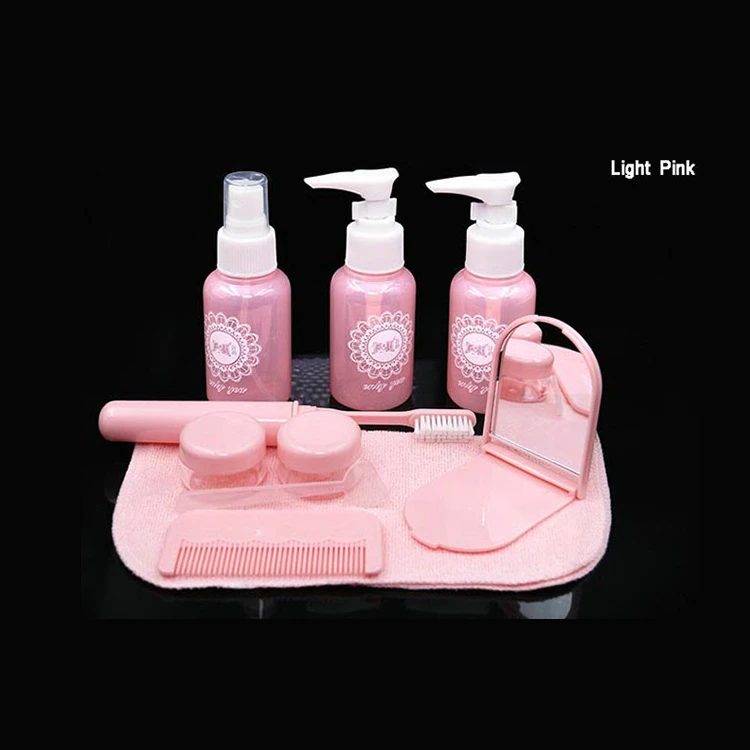 
Factory direct sales Travel empty bottle set 10pcs portable cosmetic plastic bottle spray pump bottle mirror toothbrush towel 