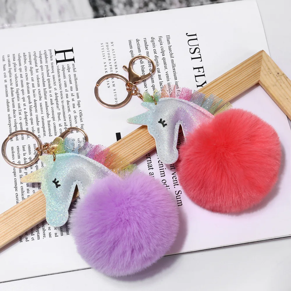 Mini Cartoon Cute Colorful Leather Fur Ball Horse Unicorn Plush Keychain Accessory Charm Keychain
