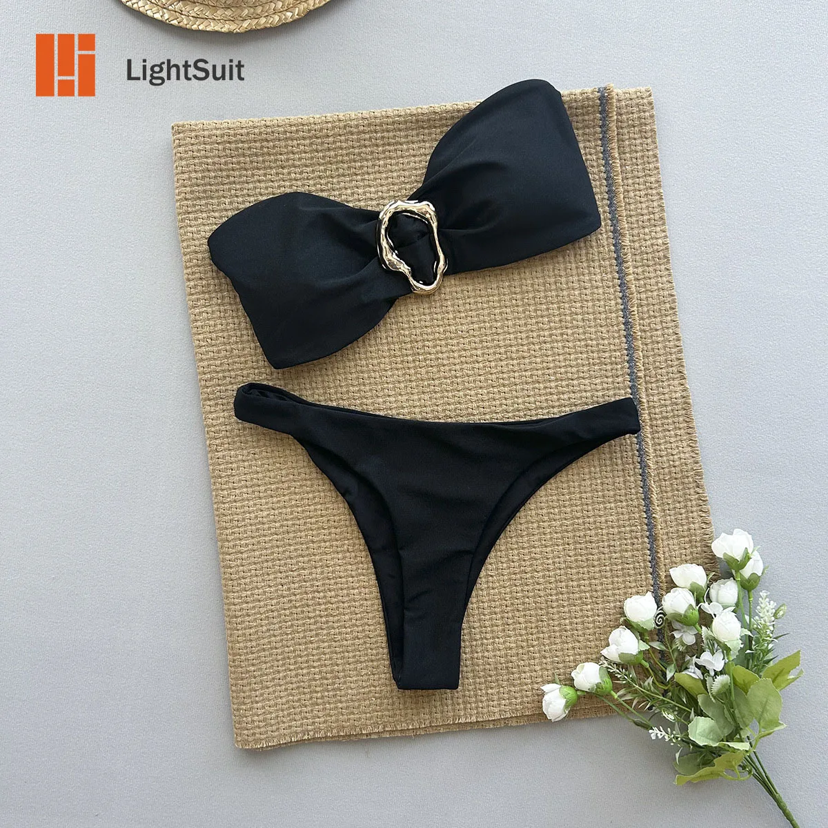 LS New Two Piece Sexy Bikini Women Swimsuit Beachwear 2024 Top Bandeau Female High Cut Set Bathing Suit Solid Color