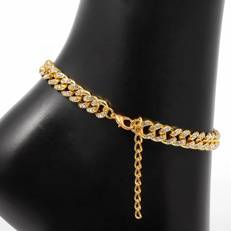 Hips Hop18k Gold Plated Crystal Chunky Chain Ankle Bracelet Shiny Rhinestone Adjustable Cuban Link Anklet