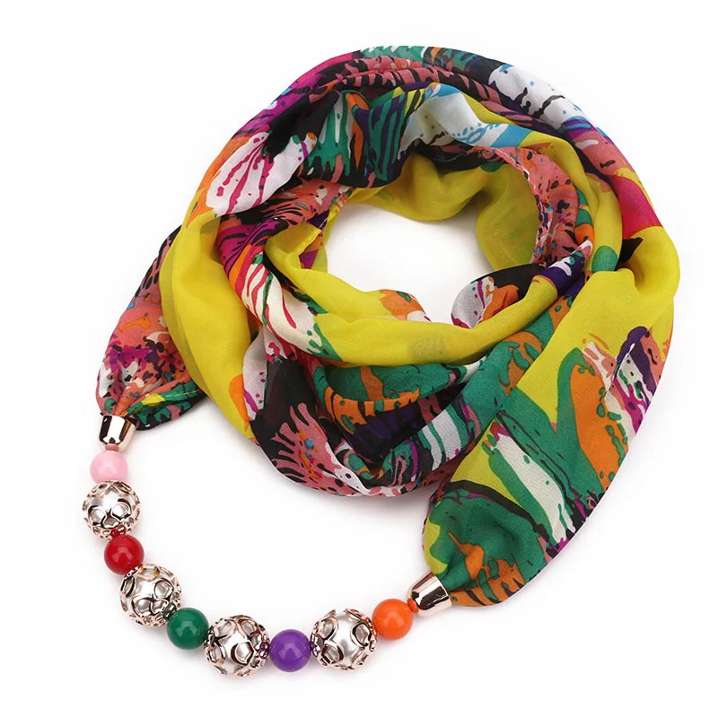TMF-8R062   Fashionable flower and leaf pattern chiffon scarf for women, luxurious pearl pendant scarf necklace
