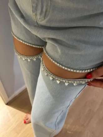 Wholesale fashion straight leg jeans pants street rhinestone fringe ripped denim jeans women