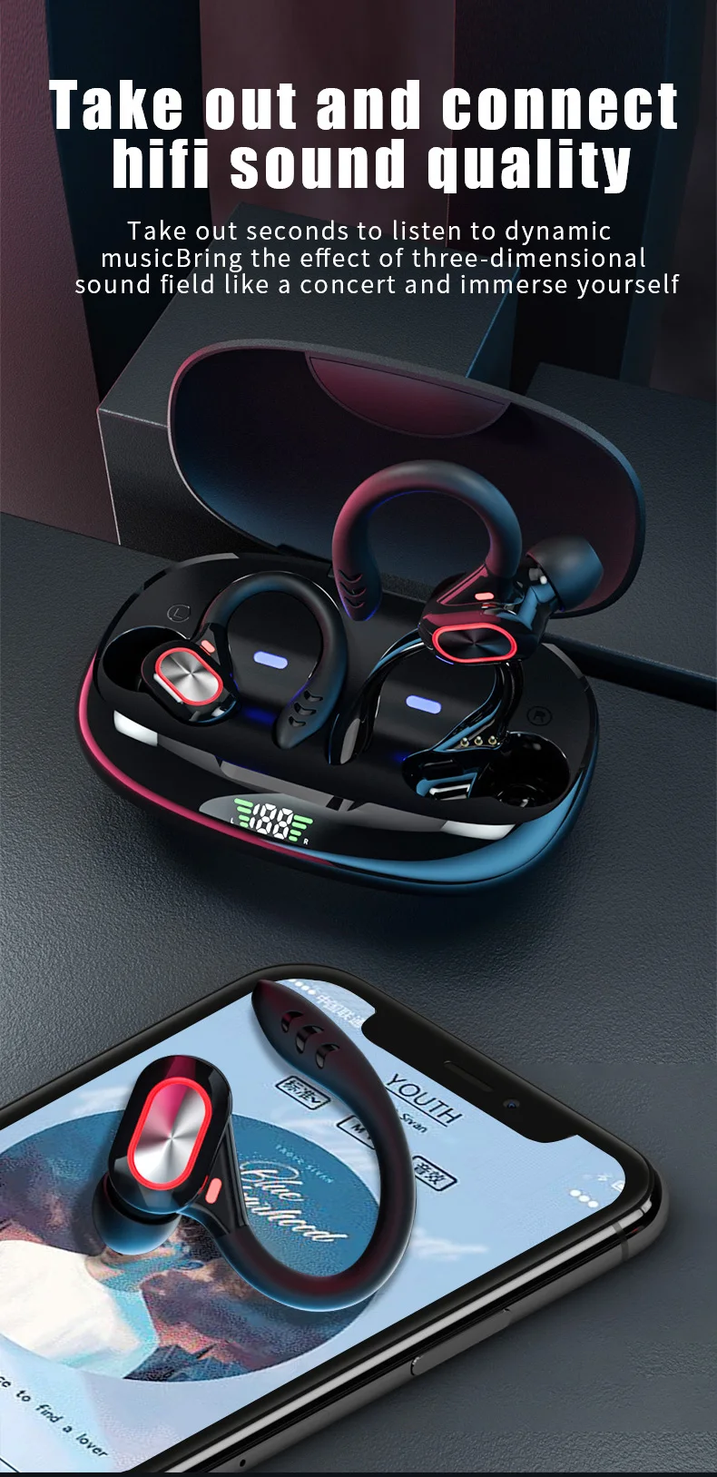 S730 Bluetooth 5.0 Headset TWS Wireless Earbuds Earphones HD Stereo Surround Sound Headphones Ear Hook Touch Control hearing aid