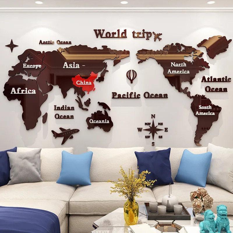 World Trip Custom Home Decoration Map Vinyl Transfer 3D Mirror Wall Sticker
