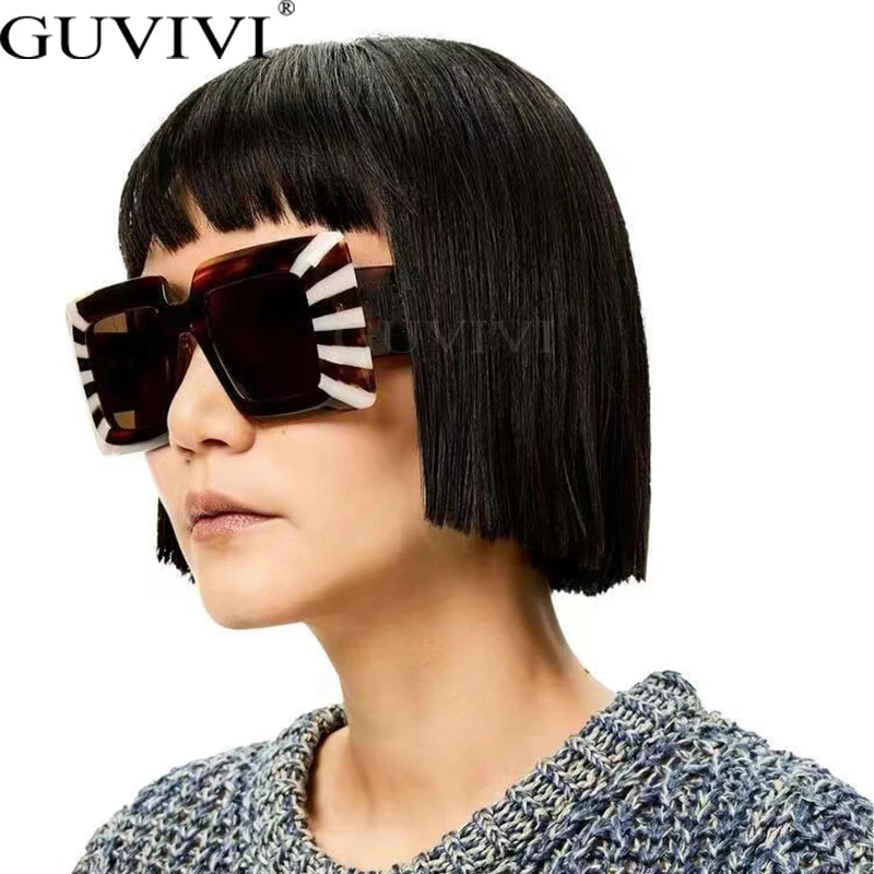 Vintage Oversized Square Stripe Frame For Women New Luxury Brand Oversized Zebra Print Sun Glasses Men Wide Leg Shades
