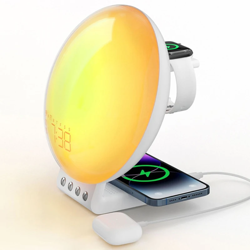 2024 Smart Digital Nature Sounds Alarm Clock LED Night Light With Wireless Charger Wake Up Light