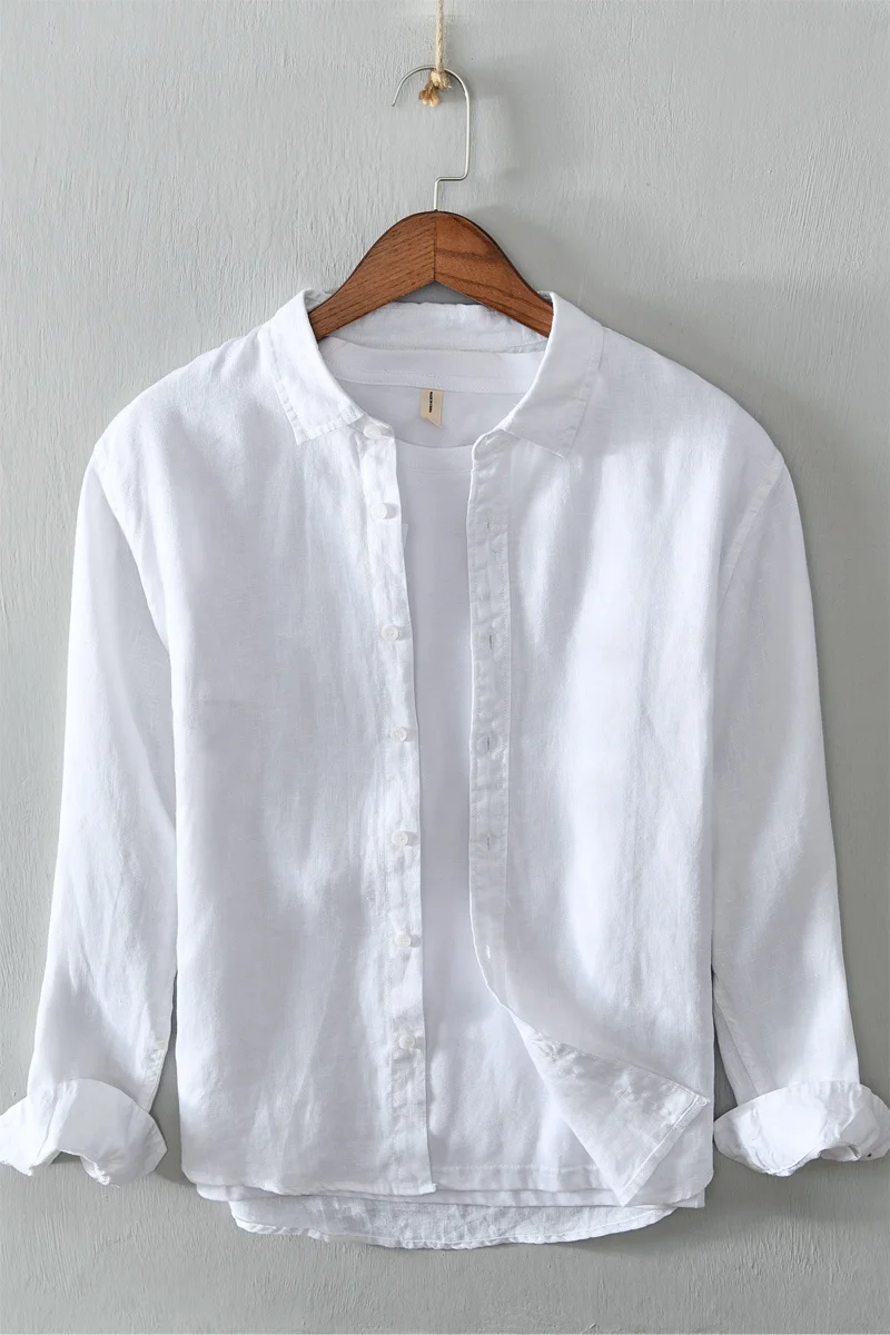 Оптовая продажа, оптовая продажа, экологически чистые мужские повседневные льняные рубашки 100% для мальчиков с длинным рукавом, с пуговицами, органические, белые, розовые