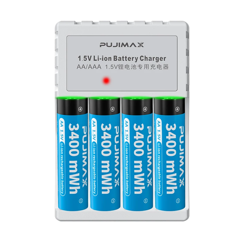 PUJIMAX 1.5v lithum-ion battery charger set 4 slots rechargeable battery charger with 4 pcs li-ion batteries with usb cable
