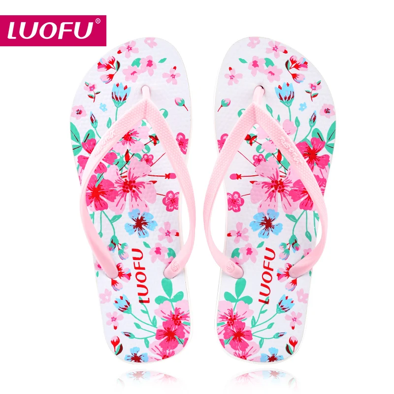 luofu PVC  flower print Outdoor Anti-slip Casual Quick Drying Pvc Comfortable Flat Flip Flops Slippers For Ladies
