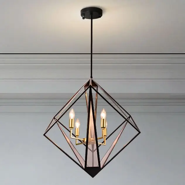 Vintage Cube Lantern Cubist Pendant Light Iron Art Design Candle Style Chandelier Ceiling Light Fixture Frame Cage