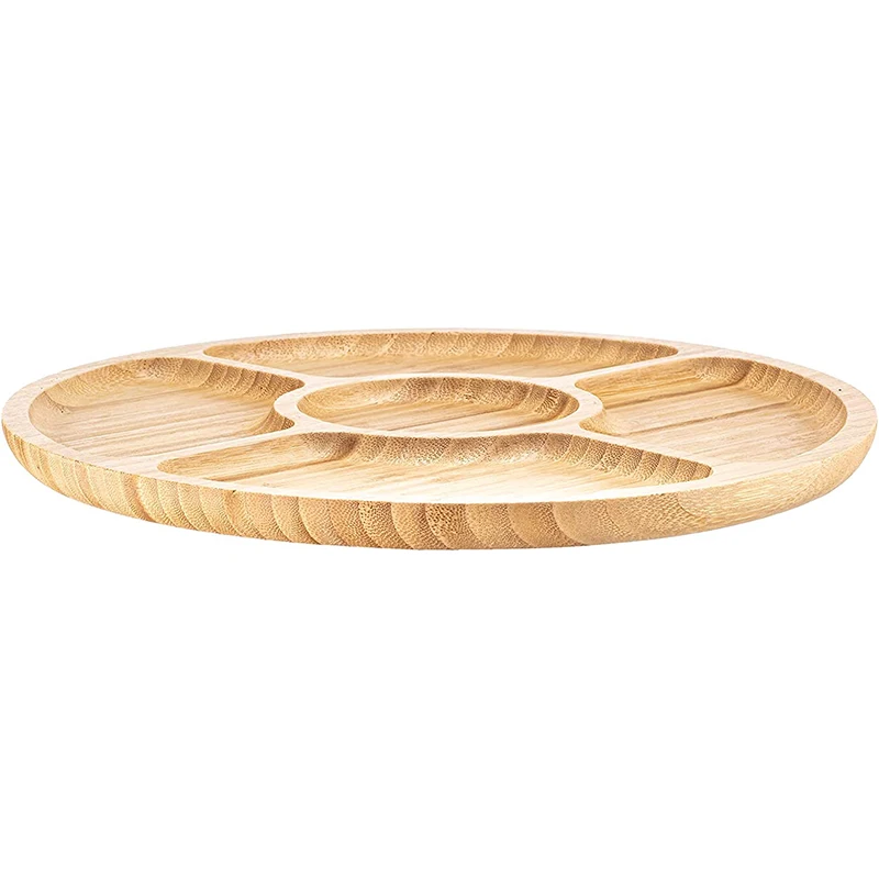Round Bamboo Divided Serving Tray 5 Compartments Snack Appetizer Serving Dish Sectional Party Platter for Snacks Fruits Crackers