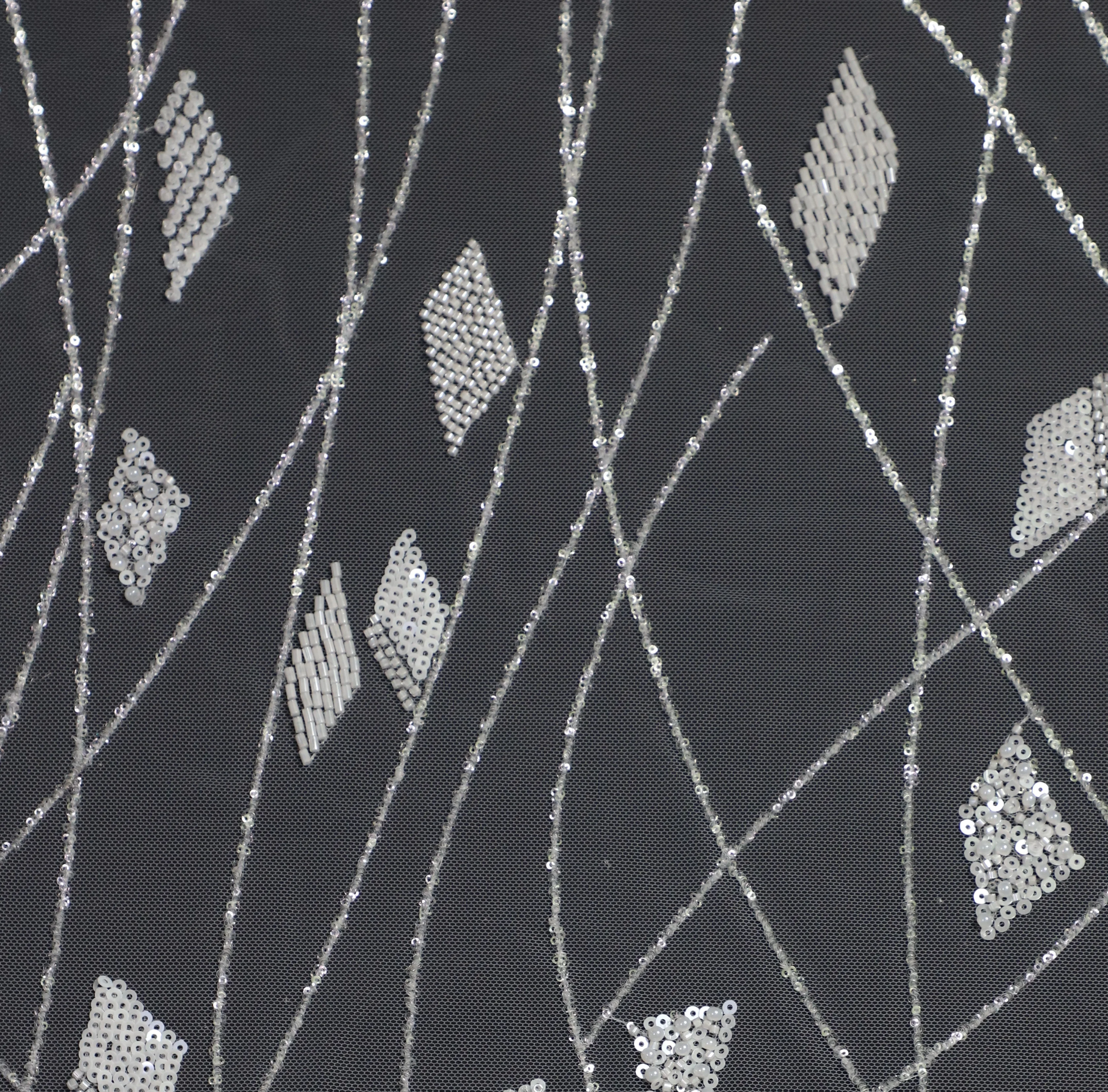 ZX081 Crystal Shining Sequin Lace Fabric in Geo Pattern, Machine Embroidery Beading Lace Wholesale Supply