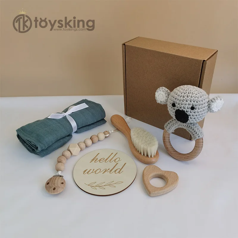 BPA Free Wood Toy Teething Baby Shower Bundle Newborn Gift Set,Gender Neutral Gift Set Bamboo Towel Hello World Monument