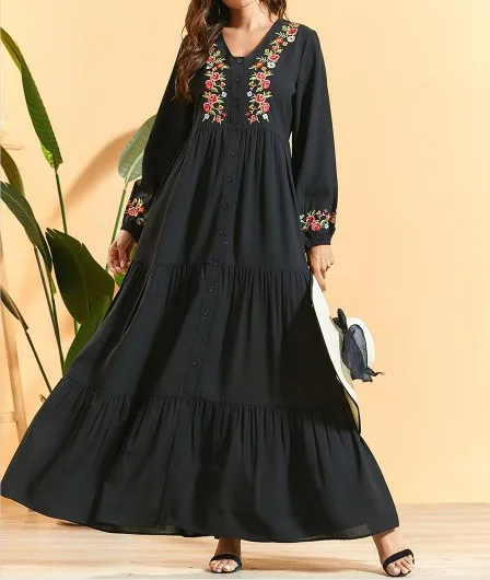 Embroidery high class long sleeves black muslim rope fashion maxi women dresses OC168
