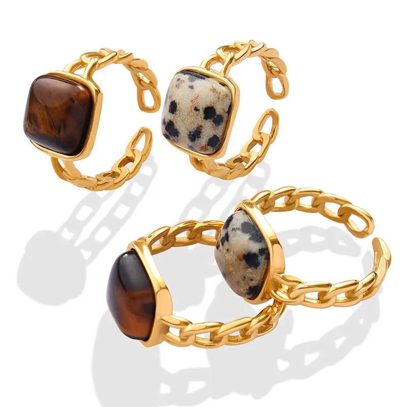 Fanhua Ring Vintage Tarnish Free 18K Gold Plated Stainless Steel Tiger Eye Natural Stone Charm Adjustable Open Ring