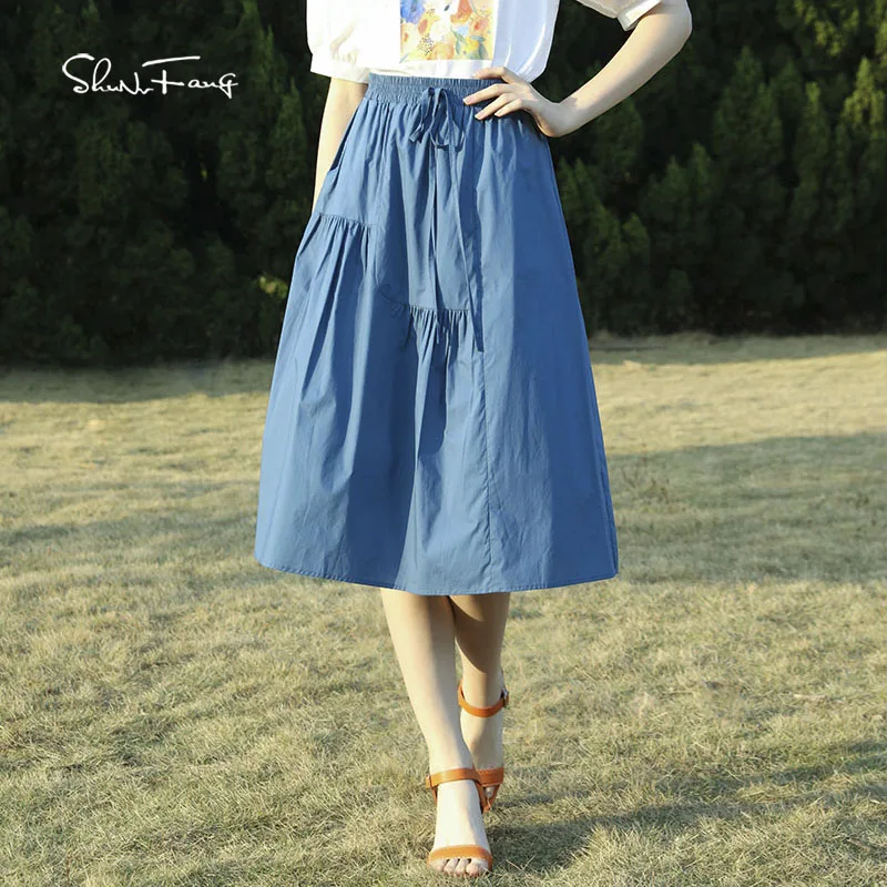 Женская хлопковая юбка с запахом, длинная юбка средней длины с завышенной талией, весна-лето