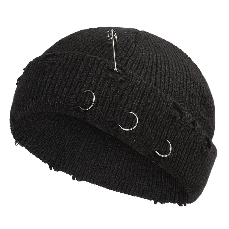 Custom logo mens unisex skull cap cotton pin three rings distressed knit beanie knitted warm hats