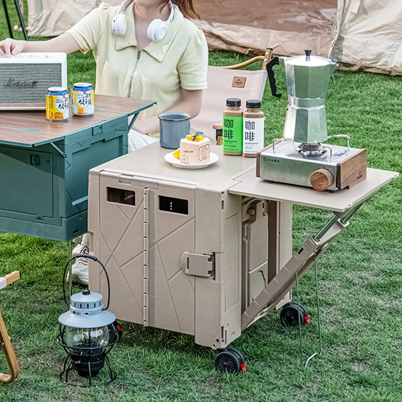 Multi Functional Shopping Cart Foldable Utility Cart Rolling Wheels Table Plate Telescopic Portable Plastic Cart with Wooden Lid