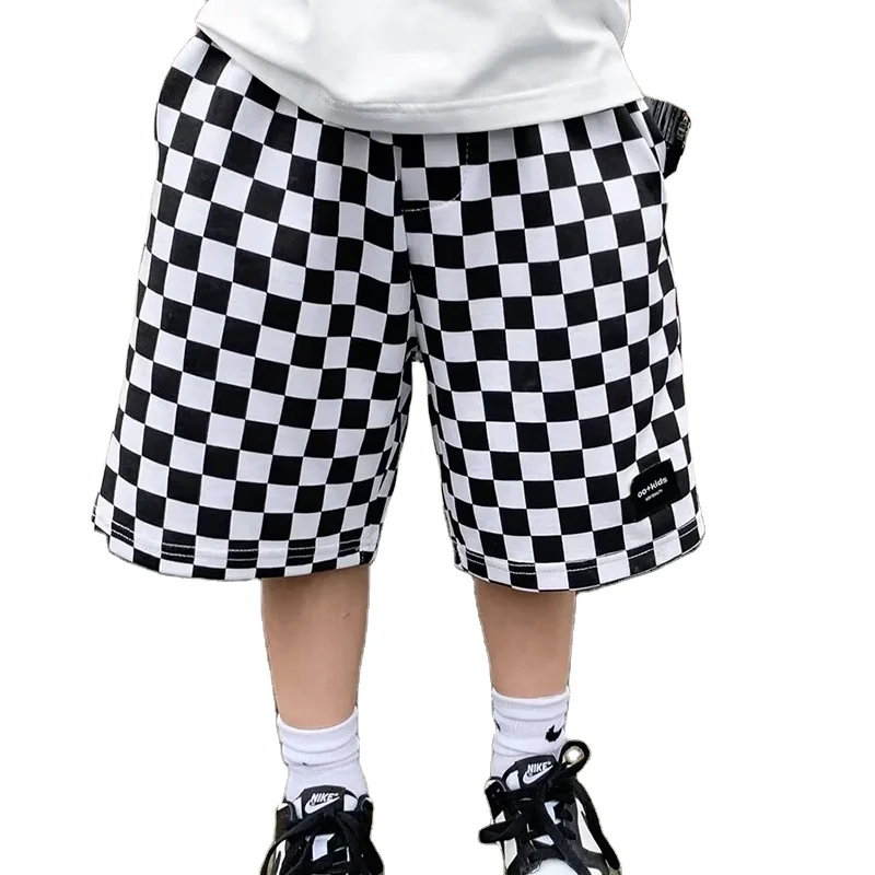 Оптовая продажа, летние детские шорты для мальчиков, черные эластичные шорты с принтом в клетку для малышей