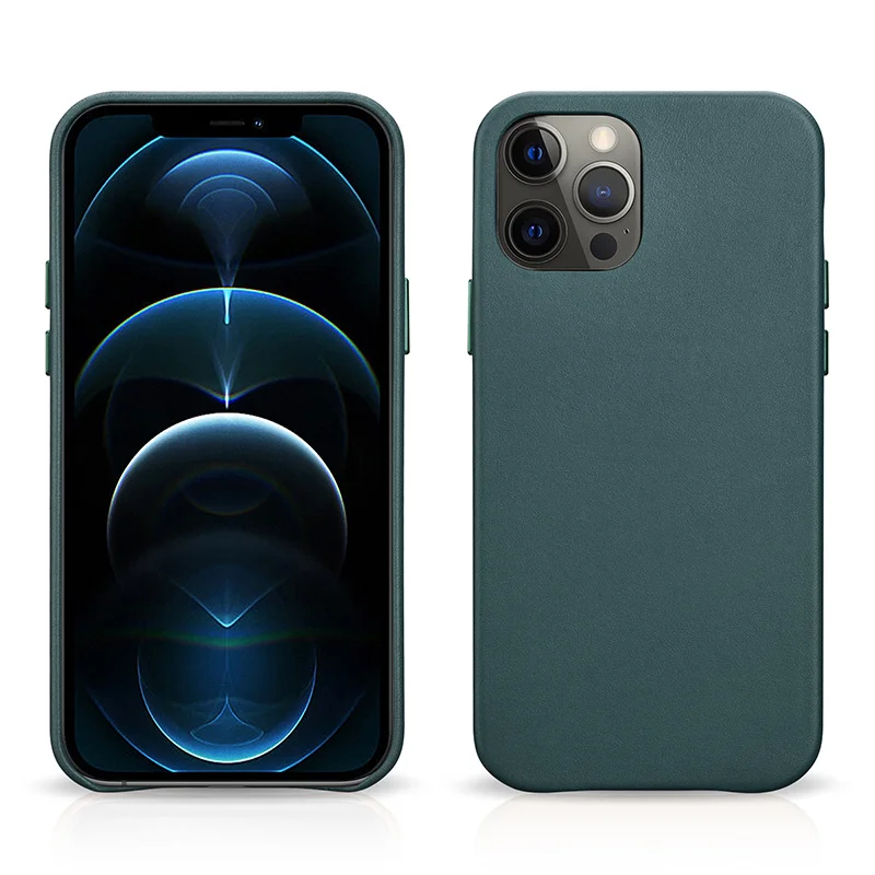 Luxury Green Real  Original Leather for iPhone 12 Pro Max 6.7 inch Soft Microfiber Cloth Lining for Best Leather Phone Cases