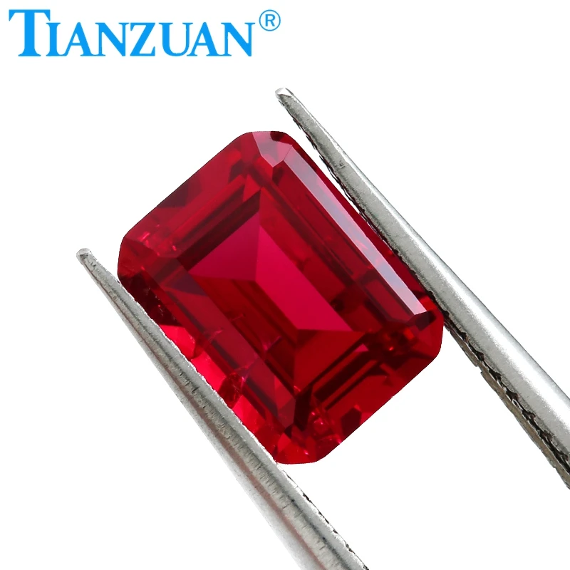 Pigeon Blood Red color lab created ruby rectangle Octagon shape emerald cut including minor cracks inclusions loose gem stone