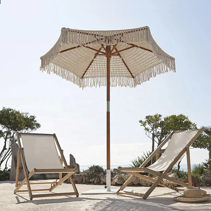 Bali Outdoor Wooden Pole, Patio Sun Parasol Hand-tied Cotton Woven Macrame Fringe Canopy Beach Umbrellas With Tassel For Garden/