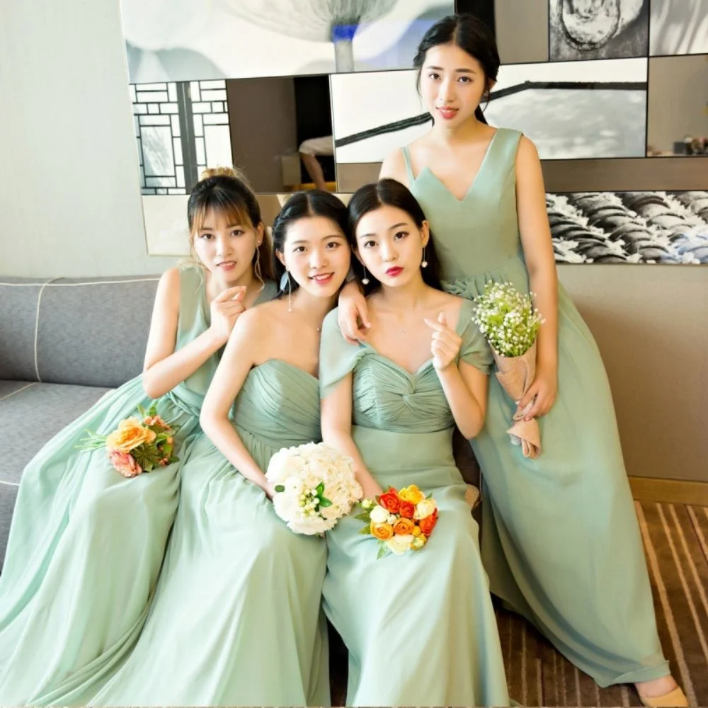 Light Green Elegant Dress Women Wedding Party Long Bridesmaid Dresses Plus Size Chiffon Custom Made Bridesmaids Dresses 2022