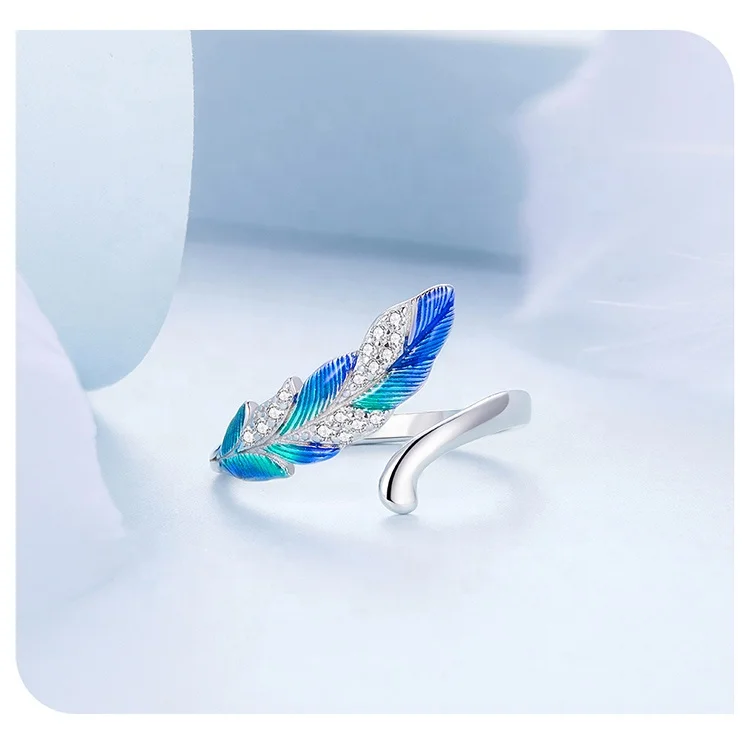 Dr.Jewelry 925 Sterling Silver Pave Setting CZ Blue Peacock Feather Open Ring and Earrings Jewelry Set for Wedding Fine Jewel