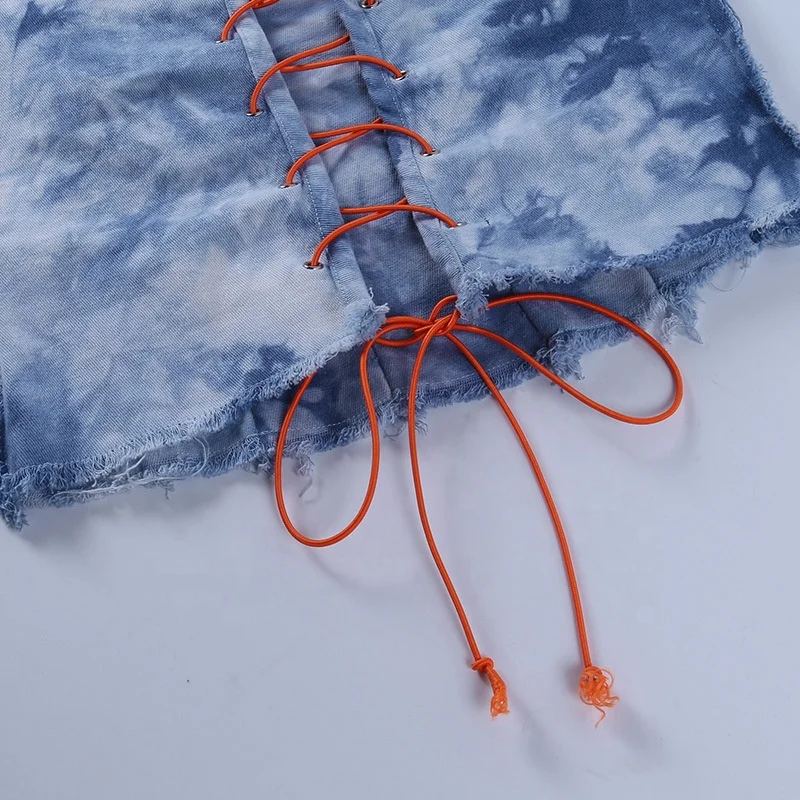 Z13174 Fashion Sexy Tie Dye Denim Camis Skinny Hollow Out Back Bandage Bustier Strapless Corset Jeans Crop Tops for Women Crop