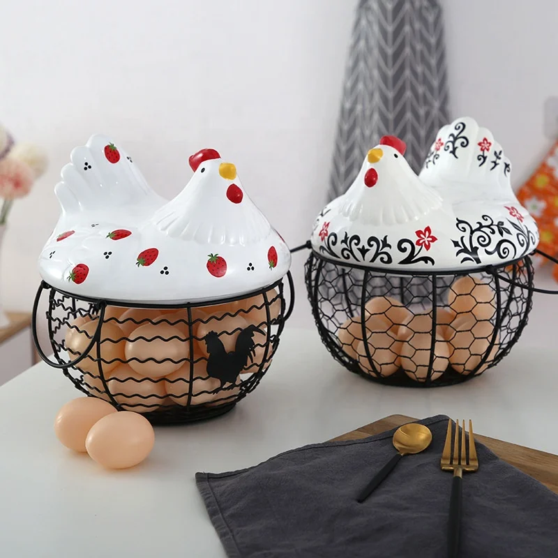 new design wholesale iron hen egg handing storage kitchen food vegetable galic fruit basket with ceramic chicken shaped lid