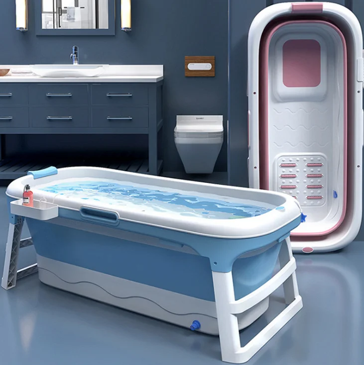 Extra Large Foldable Bath Tub Bathtub for Toddler Children Twins Adult with Cover Handle Drain Hose Blue