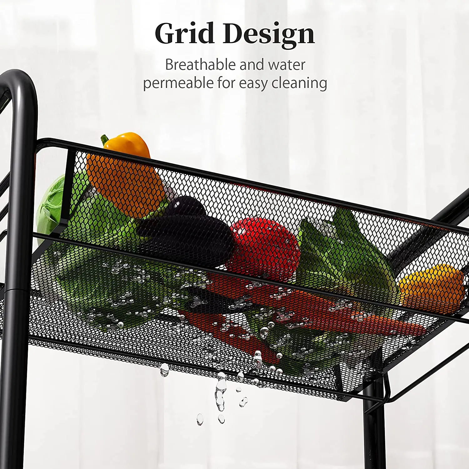 Vonssen Easy-Carry and Assembly Mesh Trolley 3 Tier All-Metal Rolling Cart