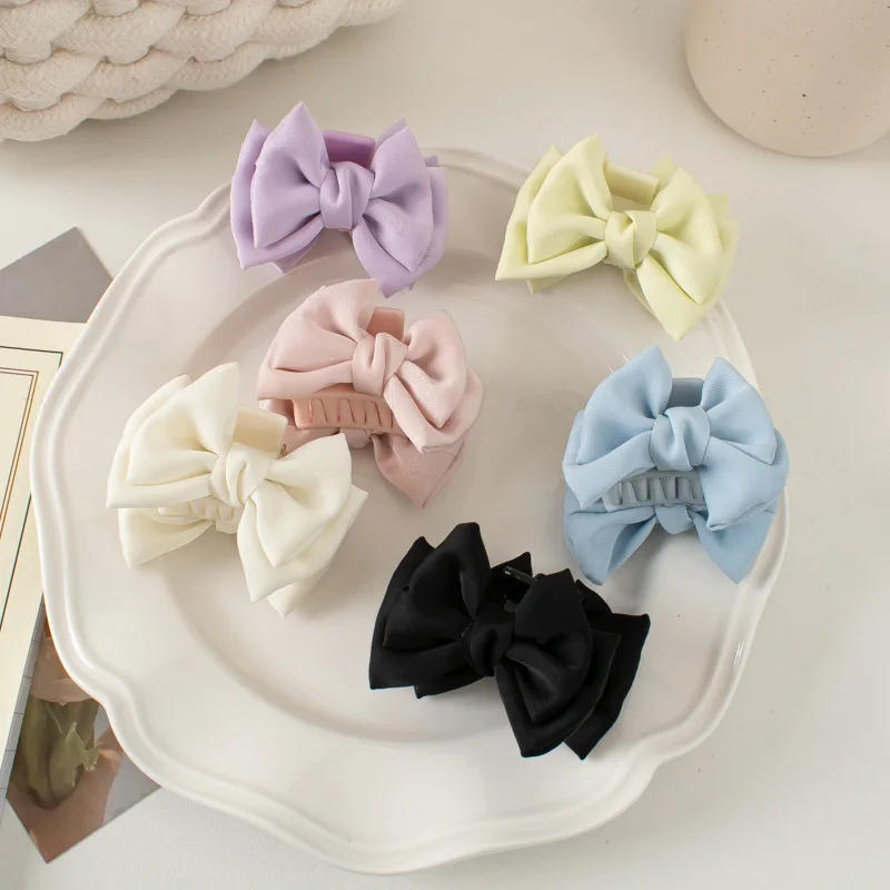 Solid Color Elegant Stylish Silk Big Bow Knot Claw Hair Clips  for Thick Long Curl Hair Women and Girls