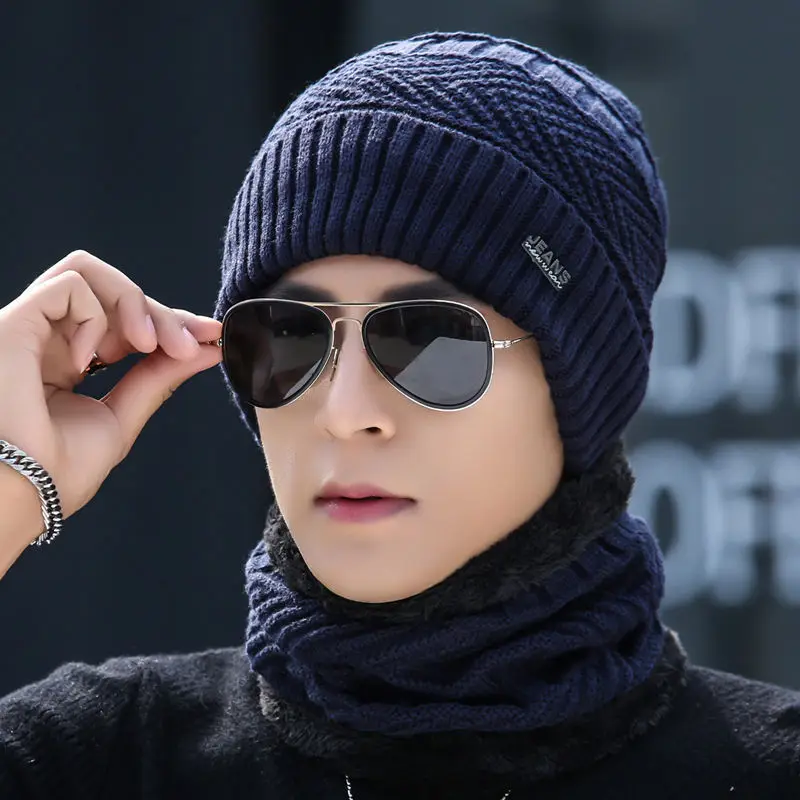 Wholesale High Quality Winter Men and Women Korean Wool Knitted Beanie Hat winter warm hat scarf set