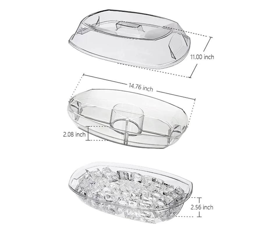 Chilled Veggie Tray 15 Inch Plastic Clear Party Platter Ice Serving Bowl with Lid Cold Food Buffet Server with 4 Compartments