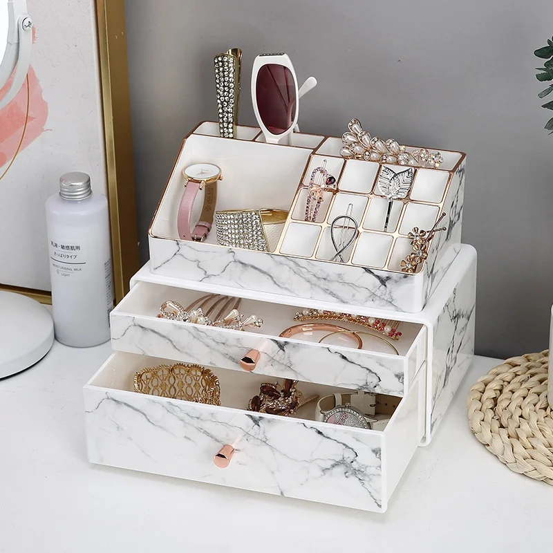 Desktop cosmetic nail ponish lipstick jewelry display box 2pieces plastic rose gold marble makeup drawer organizer set