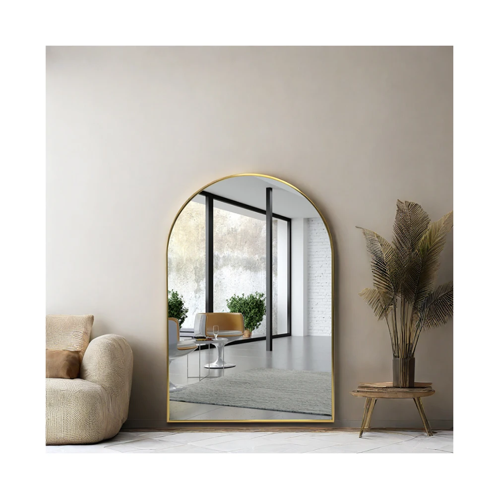 Custom gold aluminum framed design arch bathroom home wall decor luxury makeup salon dressing hanging unbreakable mirror miroir